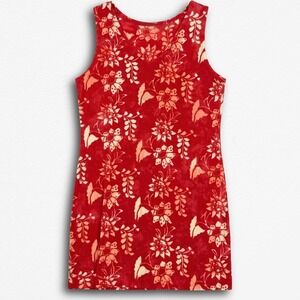 Red Floral Batik Sleeveless V-Neck Shift Dress Summer Sundress Large